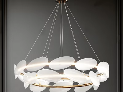 Modern Layered Chandelier With White Leaf Shaped Shades And Golden Metal Accents For Interior Decor 3d model