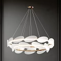 Modern Layered Chandelier With White Leaf Shaped Shades And Golden Metal Accents For Interior Decor