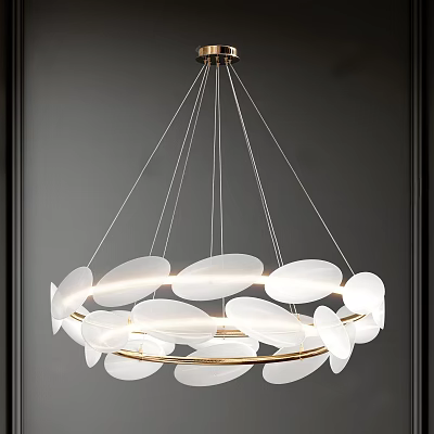 Modern Layered Chandelier With White Leaf Shaped Shades And Golden Metal Accents For Interior Decor 3d model