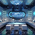 Modern Tech Style KTV Lobby With Blue Lighting Circular Screens Marble Floor Sofa Bar Counter