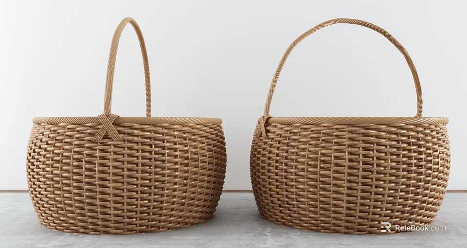 Two Brown Woven Wicker Storage Baskets With Handles For Home Organization 3d model