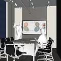 Modern Conference Room with Blue Herringbone Wall Projection Screen Standing Presenter and Seated Person
