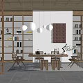 Modern Tea Room Interior With Wooden Bookshelves Hanging Pendant Lights Lattice Screen And Wooden Table
