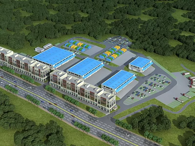 Aerial Planning of Commercial Complex With Blue Roof Buildings Parking Lots and Green Surroundings 3d model