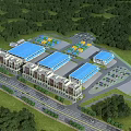 Aerial Planning of Commercial Complex With Blue Roof Buildings Parking Lots and Green Surroundings