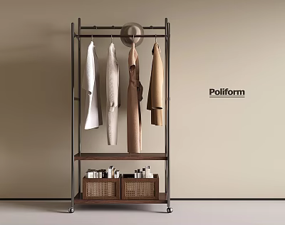 Poliform Clothes Rack With Hanging White Beige Brown Clothes And Wooden Shelf With Wicker Baskets 3d model