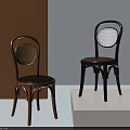 Two Modern Dining Chairs With Woven Backrest Wooden Black Frames And Black Red Seats