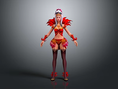 Game and Movie Character in Red and Gold Feather Decorated Outfit with Headdress and Stockings 3d model