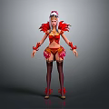Game and Movie Character in Red and Gold Feather Decorated Outfit with Headdress and Stockings