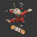 Game Movie Character in Red Outfit Carrying Swords Riding Graphic Skateboard Jumping Pose