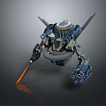 Floating Sci Fi Mechanical Robot With Multiple Arms Weapons And Orange Metallic Accents 3d model
