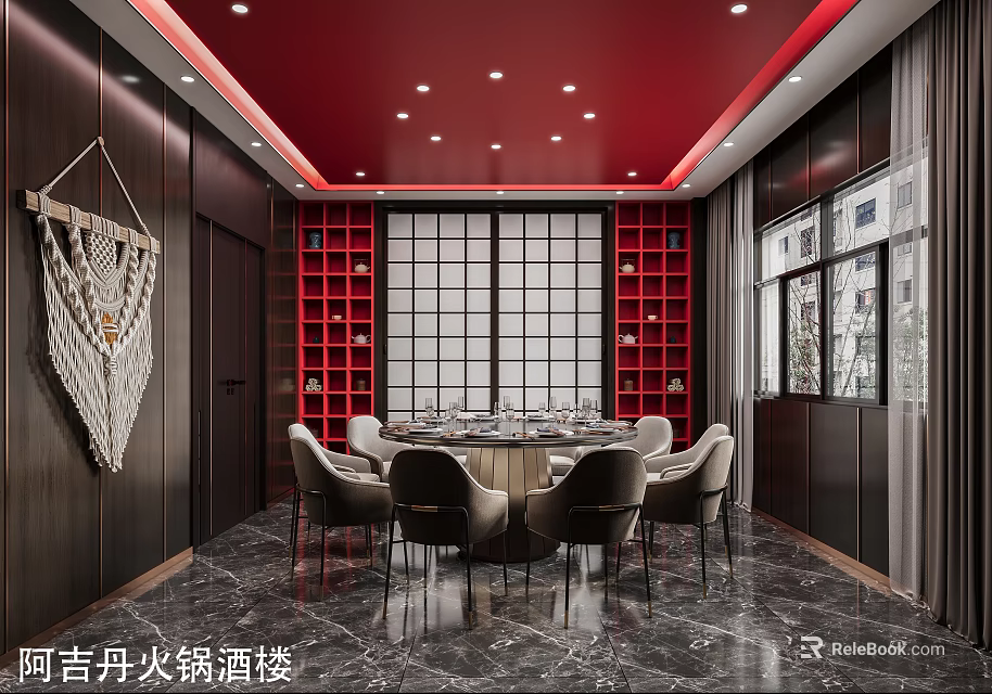 Private Dining Room In Hot Pot Restaurant With Red Ceiling And Round Table 3d model