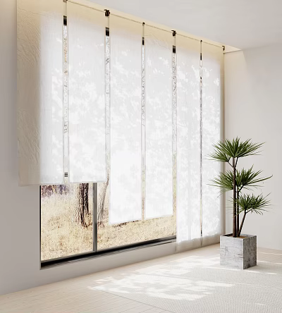 White Vertical Curtains In Modern Interior With Natural Light TV And Green Plant 3d model