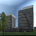 Modern High Rise Office Buildings With Glass Curtain Walls In Green Park Surroundings