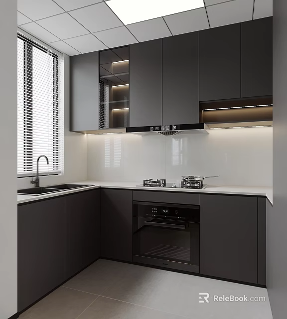 Modern Kitchen Interior Design With Dark Gray Cabinets White Countertop And Oven 3d model 