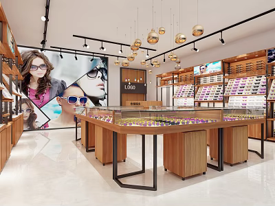 Optical Store Interior With Display Cabinets Wooden Counter And Eyeglass Frames 3d model