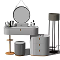 White Vanity Table With Round Mirror Cosmetic Bottles Stool And Floor Lamp 3d model