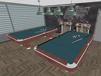 Billiard Room Interior With Two Pool Tables Green Felt Tops And World Map Wall 3d model