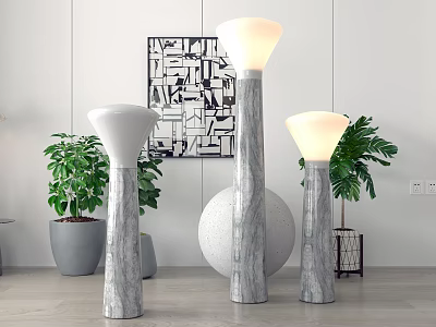 Modern Floor Lamps With Marble Bases And Light Shades In Living Room 3d model