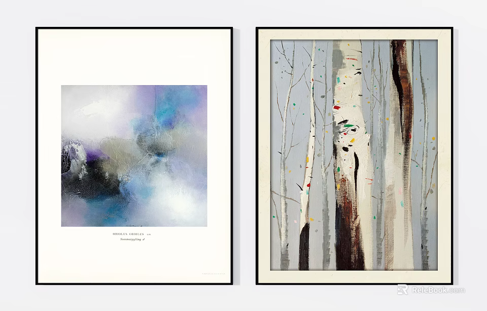 Abstract Colorful Painting With Blue Purple Hues And Birch Tree Artwork Framed Wall Decor 3d model 