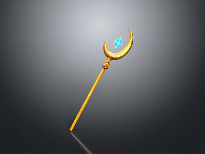 Golden Magic Staff Weapon With Crescent Shaped Top And Blue Gemstone 3d model
