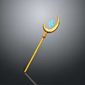 Golden Magic Staff Weapon With Crescent Shaped Top And Blue Gemstone