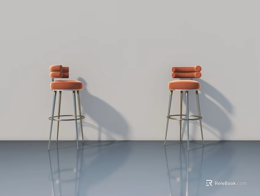 Two Orange Bar Stools With White Wall And Reflective Floor Surface 3d model