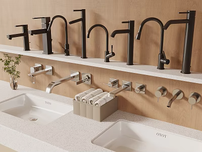Modern Kitchen Faucets Sinks And Towel Holders On Countertop 3d model