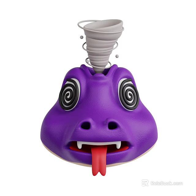 Cartoon Style Purple Reptile Head With Spiral Eyes Red Tongue And Gray Spiral Object 3d model 