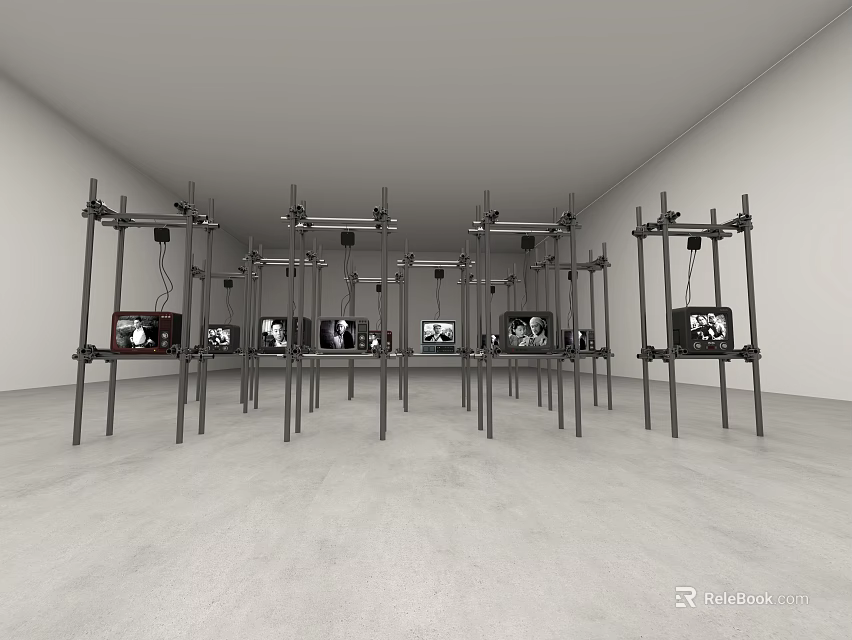 Art Installation With Metal Stands And Monitors Displaying Black And White Images In White Room 3d model 