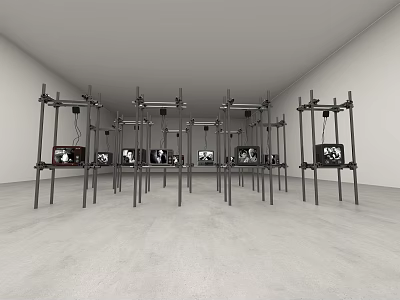 Art Installation With Metal Stands And Monitors Displaying Black And White Images In White Room 3d model