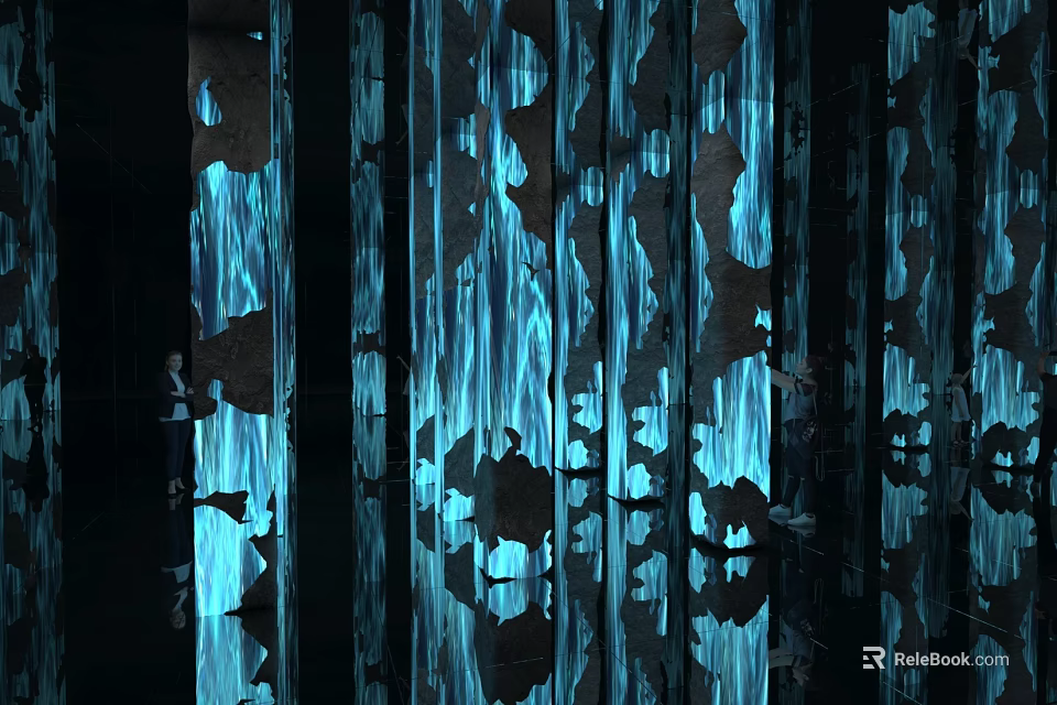 Art Installation With Vertical Columns Hollowed Patterns Blue Lighting Flowing Light Shadow Effects Mirror Reflections 3d model 