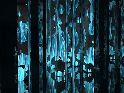 Art Installation With Vertical Columns Hollowed Patterns Blue Lighting Flowing Light Shadow Effects Mirror Reflections 3d model