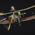 Cartoon Fighter Jet With Wooden Wings Green Engine Purple Pink Lights Flying With Speed Lines
