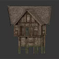 Traditional Wooden House on Tall Stilts with Sloped Roof and Decorative Windows