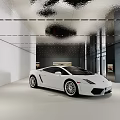 Modern Car Showroom Interior With Black Mercedes Sports Car Large Windows And Paintings