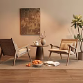 Rattan Leisure Chairs In Beige Interior With Small Wooden Table Abstract Painting And Green Plant