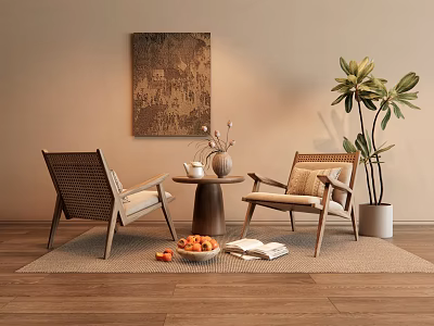 Rattan Leisure Chairs In Beige Interior With Small Wooden Table Abstract Painting And Green Plant 3d model