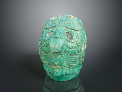 Green Jade Mask Sculpture Carving With Intricate Facial And Decorative Details 3d model