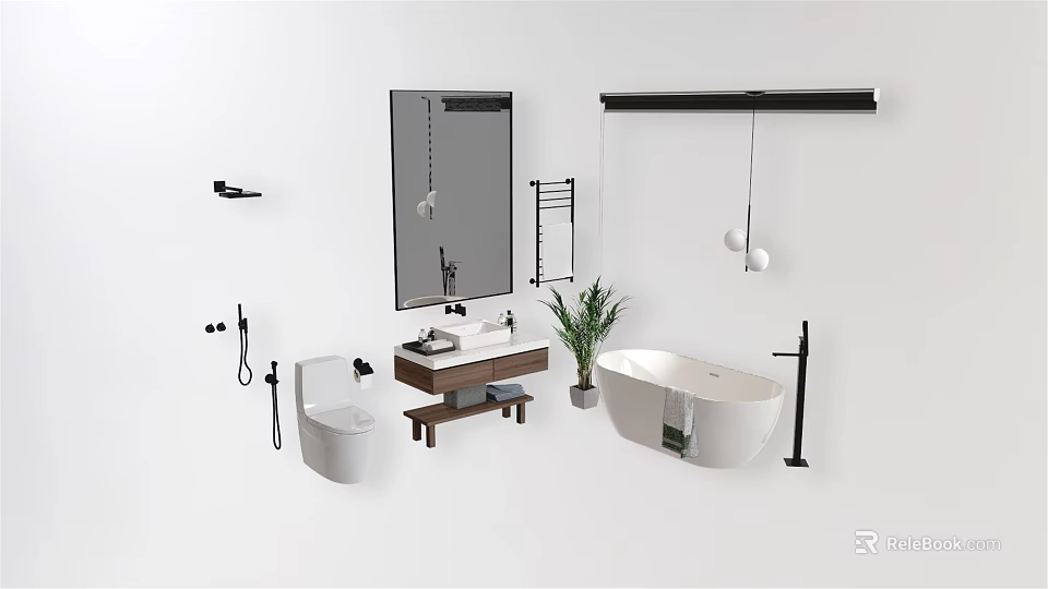 Modern Bathroom Washbasin With Mirror Potted Plant And Bathtub Setup 3d model 
