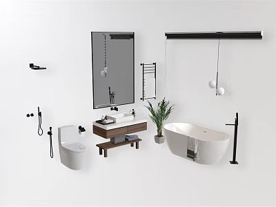 Modern Bathroom Washbasin With Mirror Potted Plant And Bathtub Setup 3d model