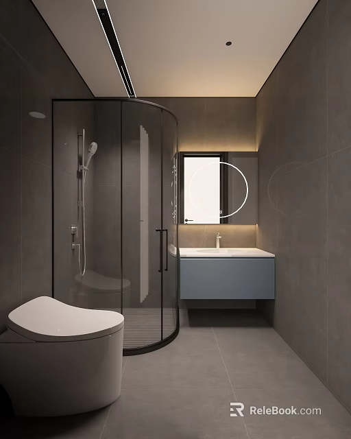 Modern Bathroom Interior With Gray Tone Glass Shower Enclosure Round Mirror Blue Vanity And Toilet 3d model 