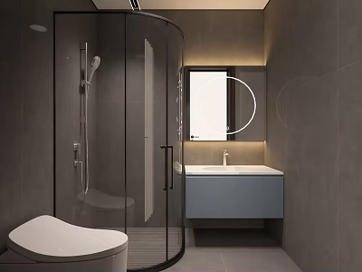 Modern Bathroom Interior With Gray Tone Glass Shower Enclosure Round Mirror Blue Vanity And Toilet 3d model