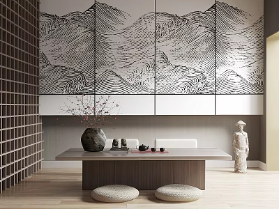 Zen Style Tea Table With Cushions And Mountain Art Decor 3d model