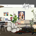 Modern Living Dining Room Interior Design With Sofa Colorful Rug Green Plants And Chandelier