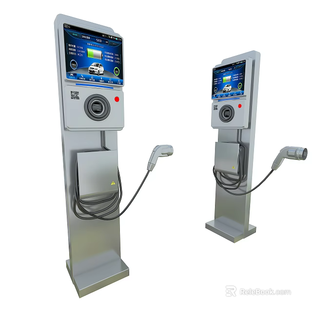 Modern Electric Vehicle Charging Stations With Digital Screens And Charging Cables 3d model 