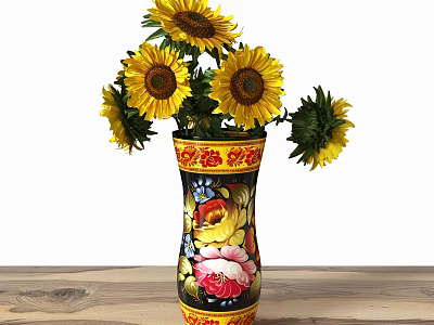 Bright Yellow Sunflowers In Colorful Decorative Vase With Floral Pattern On Wooden Table 3d model