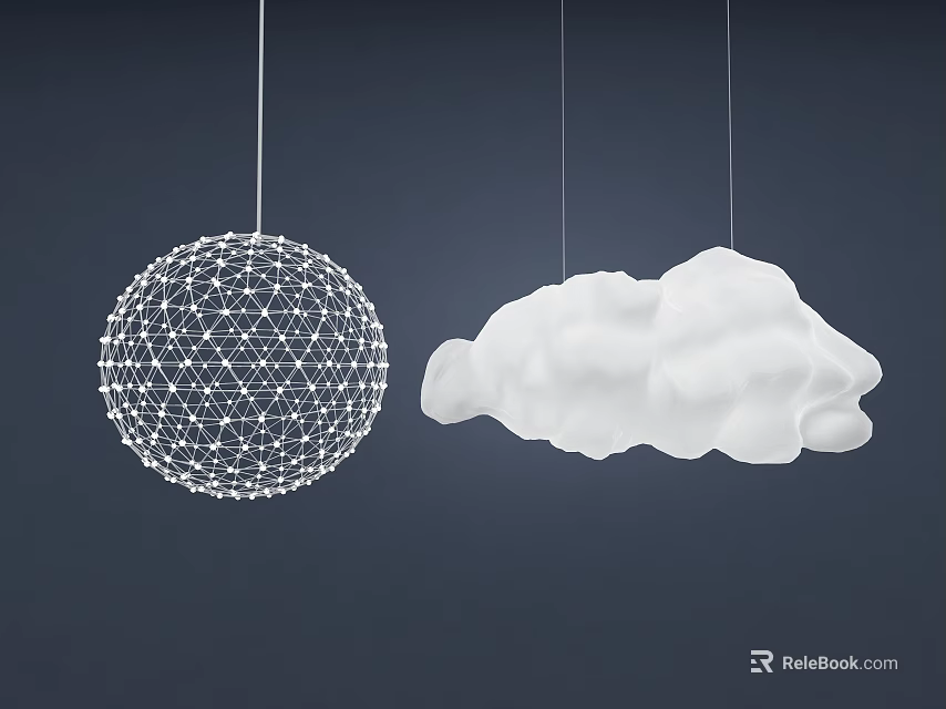 Stylish White Spherical Mesh And Cloud Shaped Pendant Chandeliers On Dark Background 3d model 