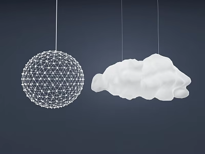 Stylish White Spherical Mesh And Cloud Shaped Pendant Chandeliers On Dark Background 3d model