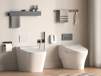 Modern White Toilets In Bathroom With Wall Shelf Towel Rack Soap Dispenser And Control Panel 3d model